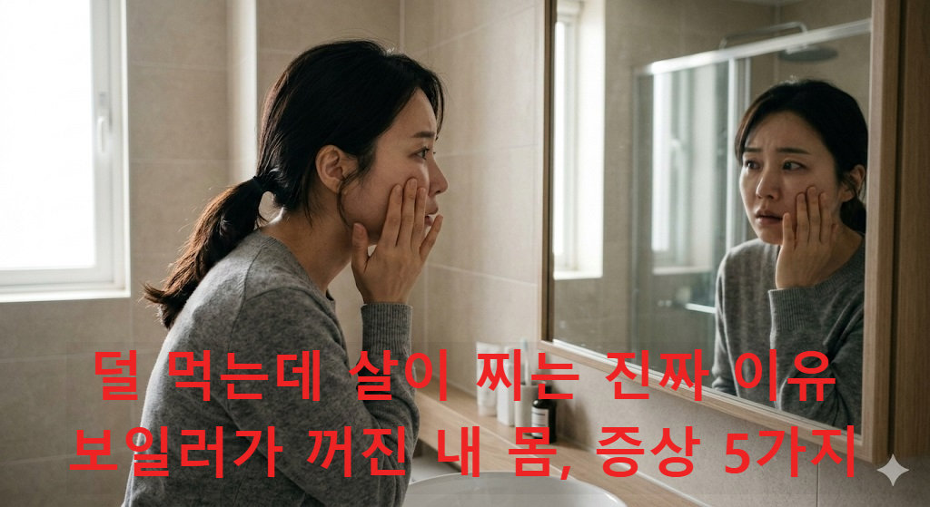 갑상선 저하증으로 인해 붓고 지친 얼굴을 거울로 확인하는 여성