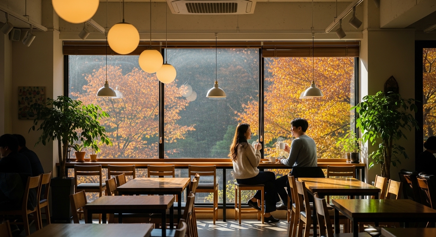 화담숲 내 통창 카페에서 따뜻한 음료를 마시며 단풍 풍경을 감상하는 연인. 아늑하고 로맨틱한 휴식 시간을 보내는 모습입니다.