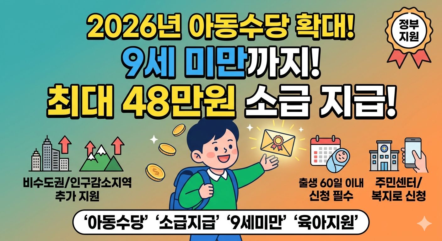 "2026년 아동수당 확대 안내 썸네일: 9세 미만까지 지급, 17~18년생 대상 최대 48만원 소급 지급. 주요 혜택으로 비수도권 및 인구감소지역 추가 지원, 출생 60일 이내 필수 신청, 주민센터 및 복지로 신청 방법 안내."