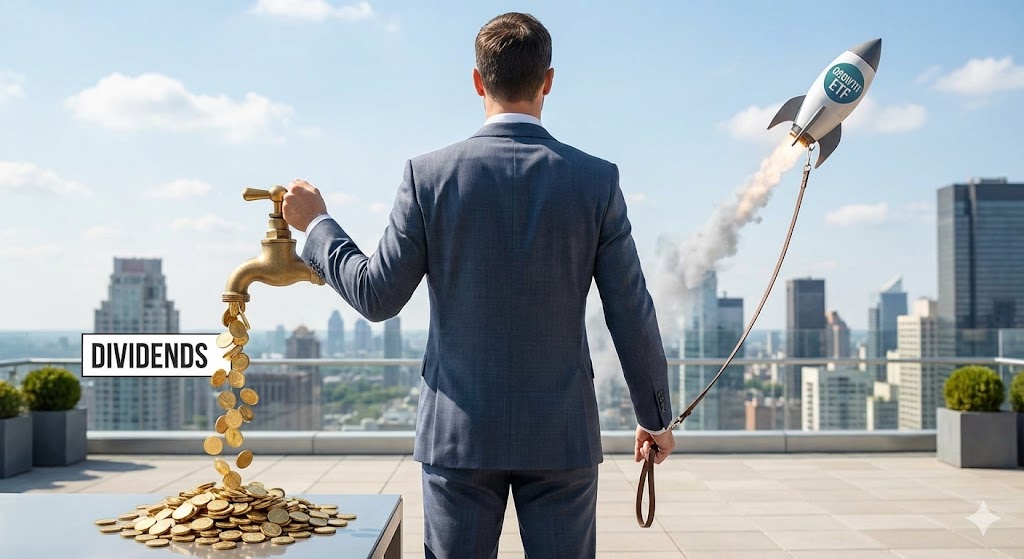 한 손에는 '매월 배당금'이 나오는 수도꼭지를, 다른 한 손에는 우주로 날아가는 'ETF 로켓'을 잡고 있는 투자자의 든든한 뒷모습]