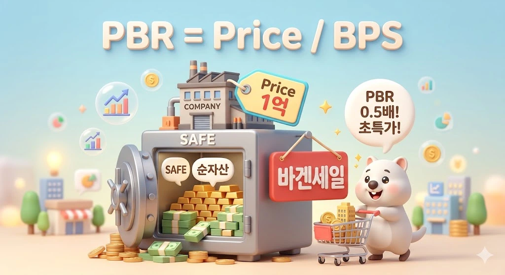 PBR(주가순자산비율) 공식을 금고 속 순자산과 초특가 바겐세일 중인 건물로 설명하는 인포그래픽. 장부 가치 대비 주가 비교.