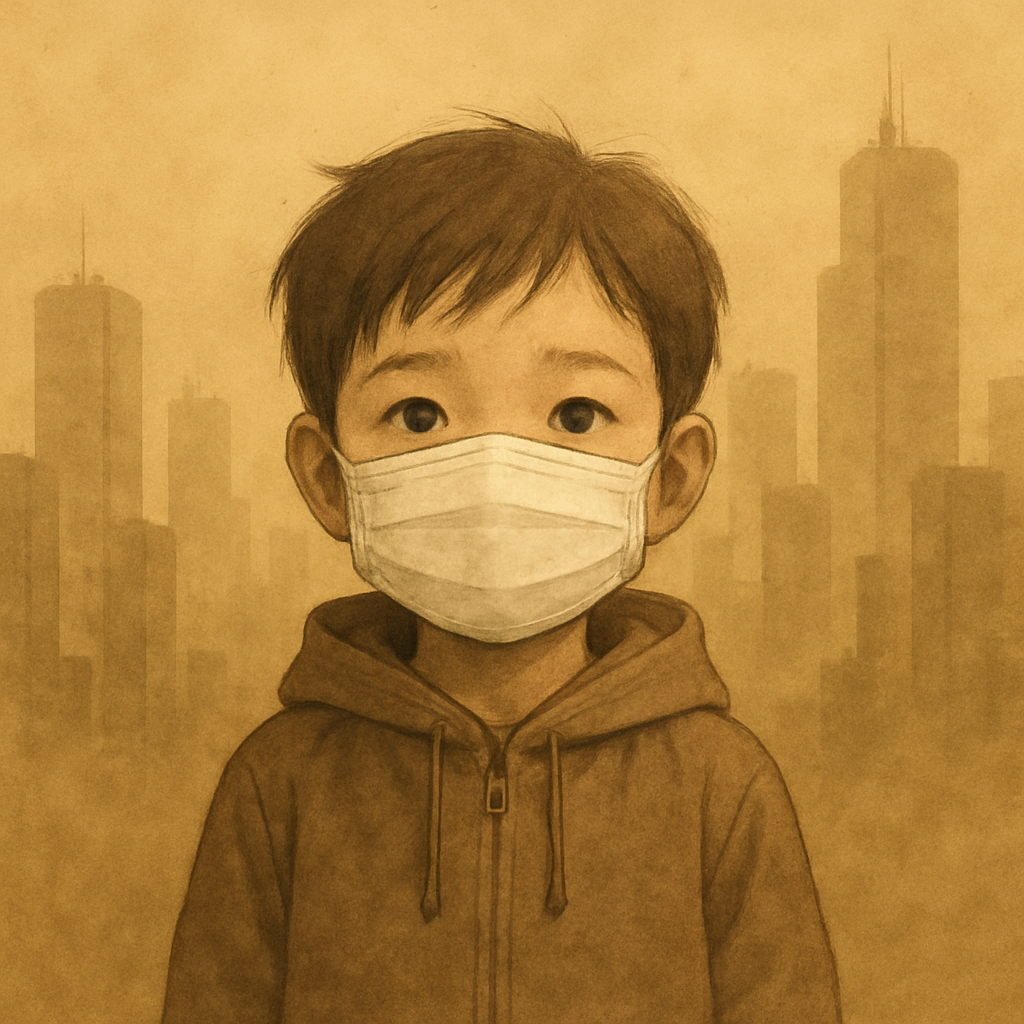 황사에 마스크 쓴 아이