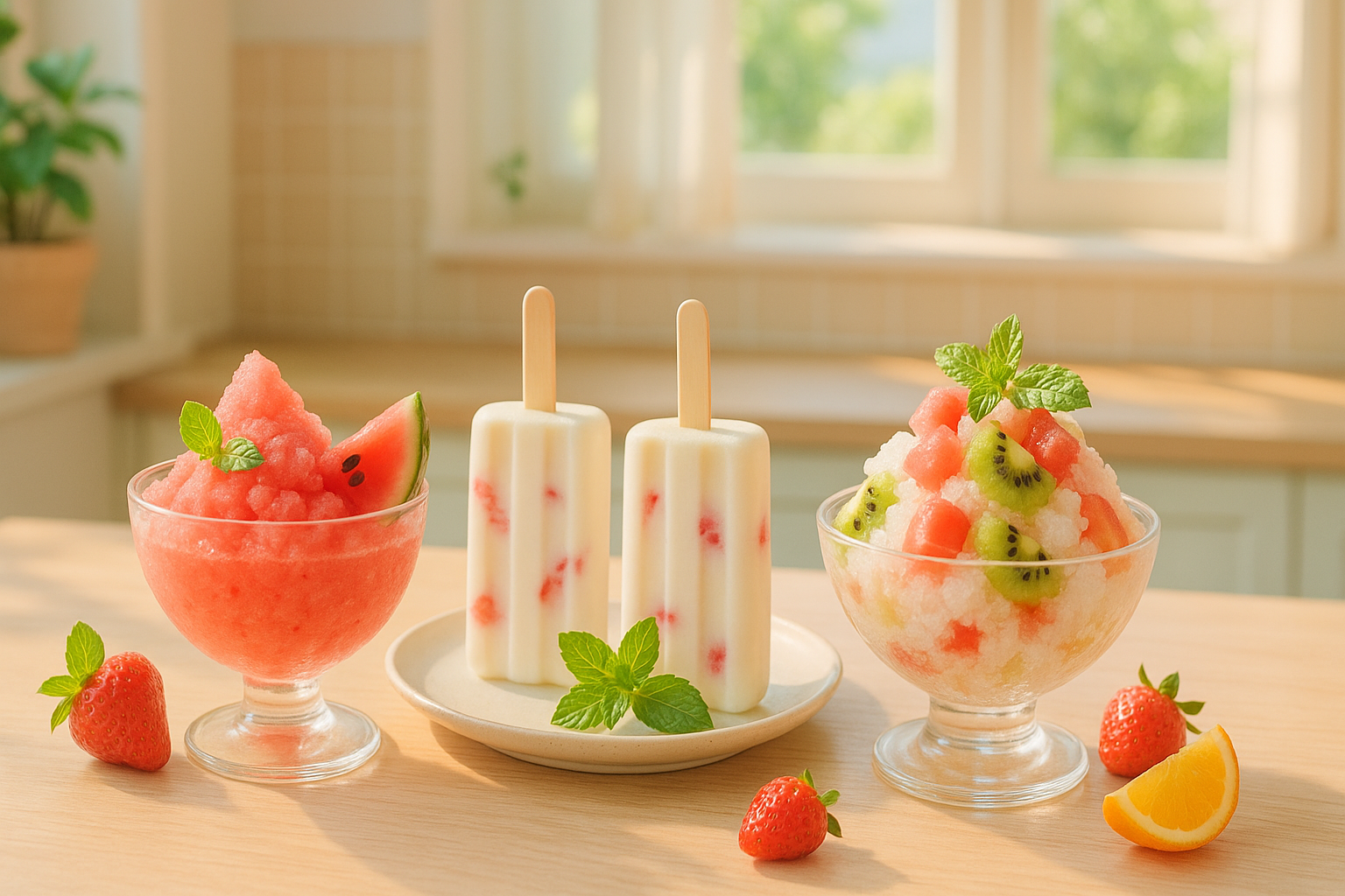 여름철 집에서 만든 시원한 디저트들이 테이블 위에 예쁘게 놓여있는 모습