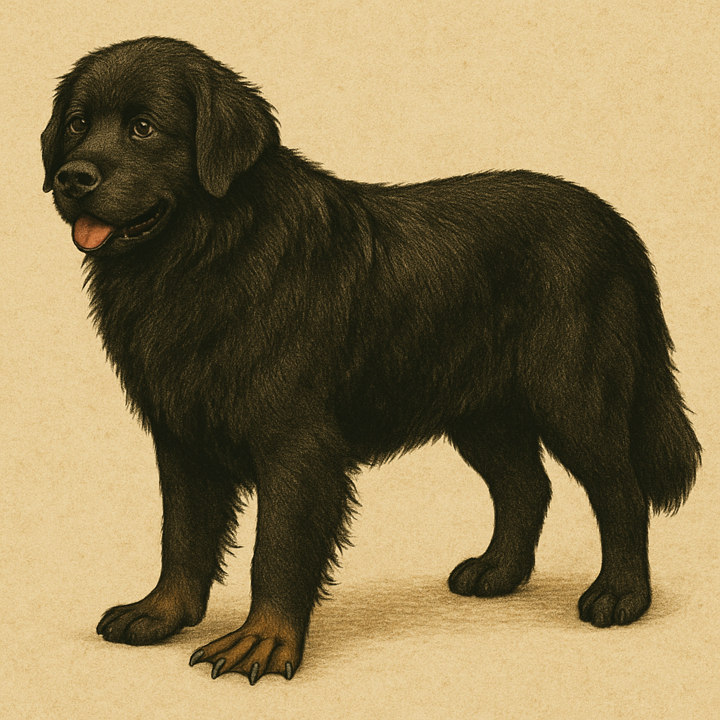 뉴펀들랜드 견종의 강아지가 서있고 왼쪽 앞발에 물갈퀴가 강조되어 있음