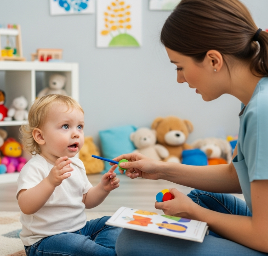 아이와 선생님이 치료실에서 활동하는 사진