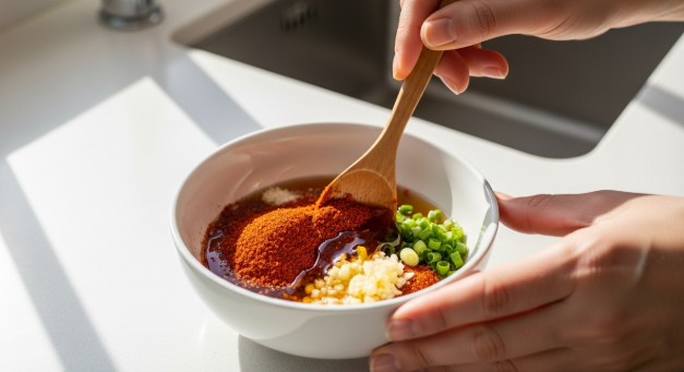 고춧가루, 액젓, 식초 등 양념 재료들을 작은 그릇에 넣고 섞어 양념장을 만들고 있는 모습