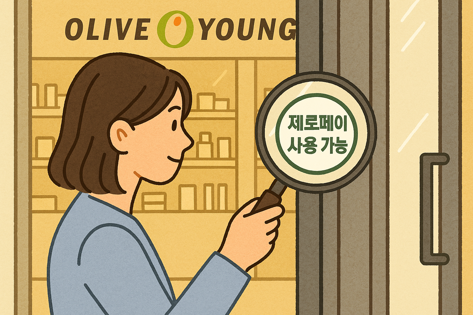 경남-창원-올리브영-매장-입구에서-‘제로페이-사용-가능’-스티커를-확대경으로-확인하는-시민-일러스트