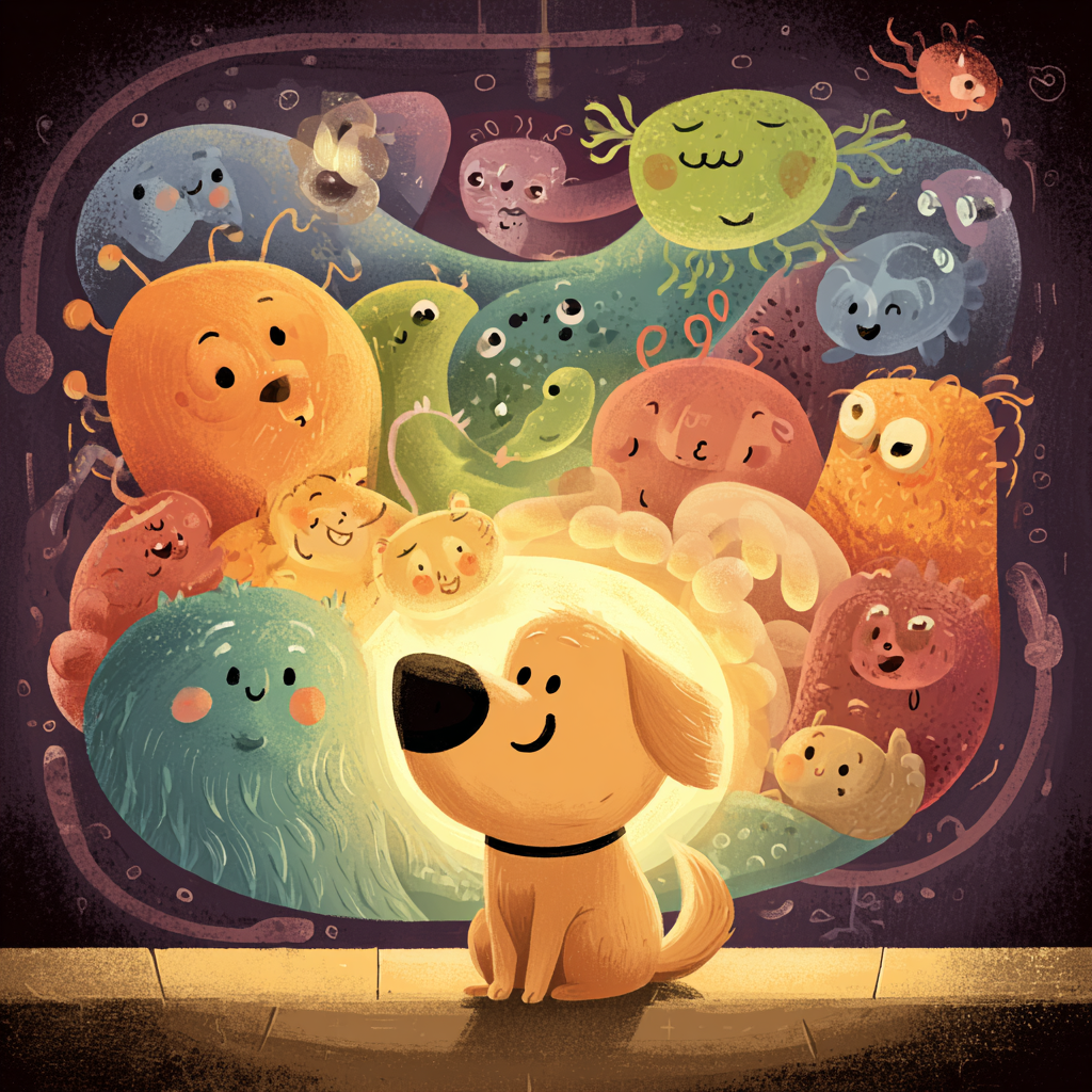 강아지 뒤에 귀여운 소화유익균들, 일러스트