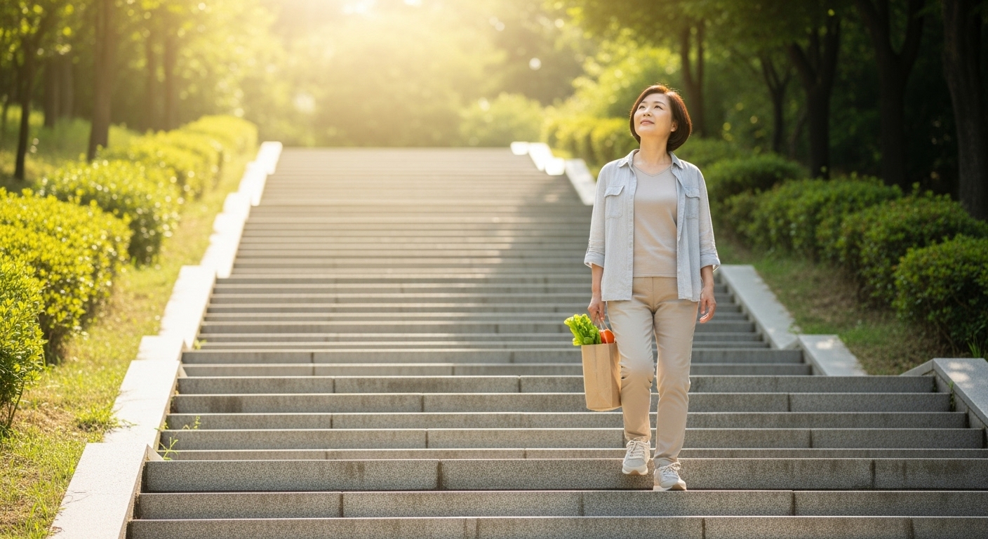 밝은 햇살이 비치는 계단을 오르며 신장 건강을 되찾는 과정을 상징하는 사람의 모습