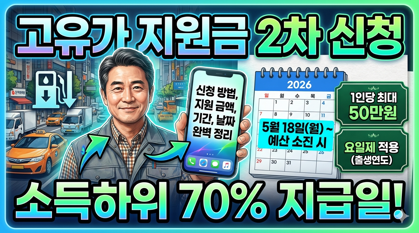 2026년 고유가 피해 지원금 2차 신청 방법 및 소득하위 70% 대상 지급 시기 날짜 안내 표 이미지입니다. 신청 요일별 출생연도 끝자리와 5월 18일(월)부터 시작되는 집중 신청 기간, 그리고 6월 8일(월)부터 순차 지급되는 일정을 한눈에 확인하여 선착순 혜택을 놓치지 않도록 구성했습니다.