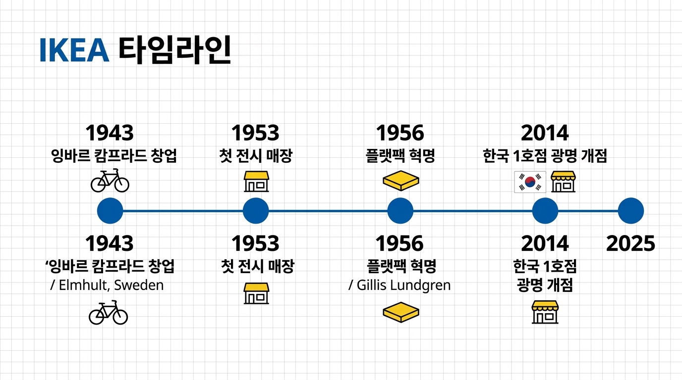 1943년 창업 &rarr; 1953년 첫 전시 매장 &rarr; 1956년 플랫팩 혁명 &rarr; 2014년 한국 진출