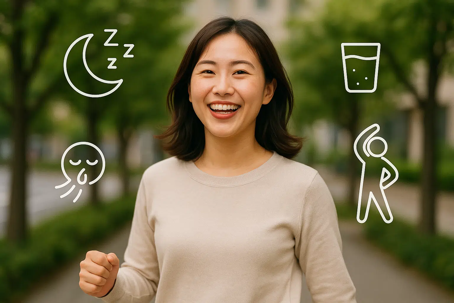 밝은 표정으로 활기차게 일상생활을 보내는 사람 — 수면, 수분, 호흡, 스트레칭