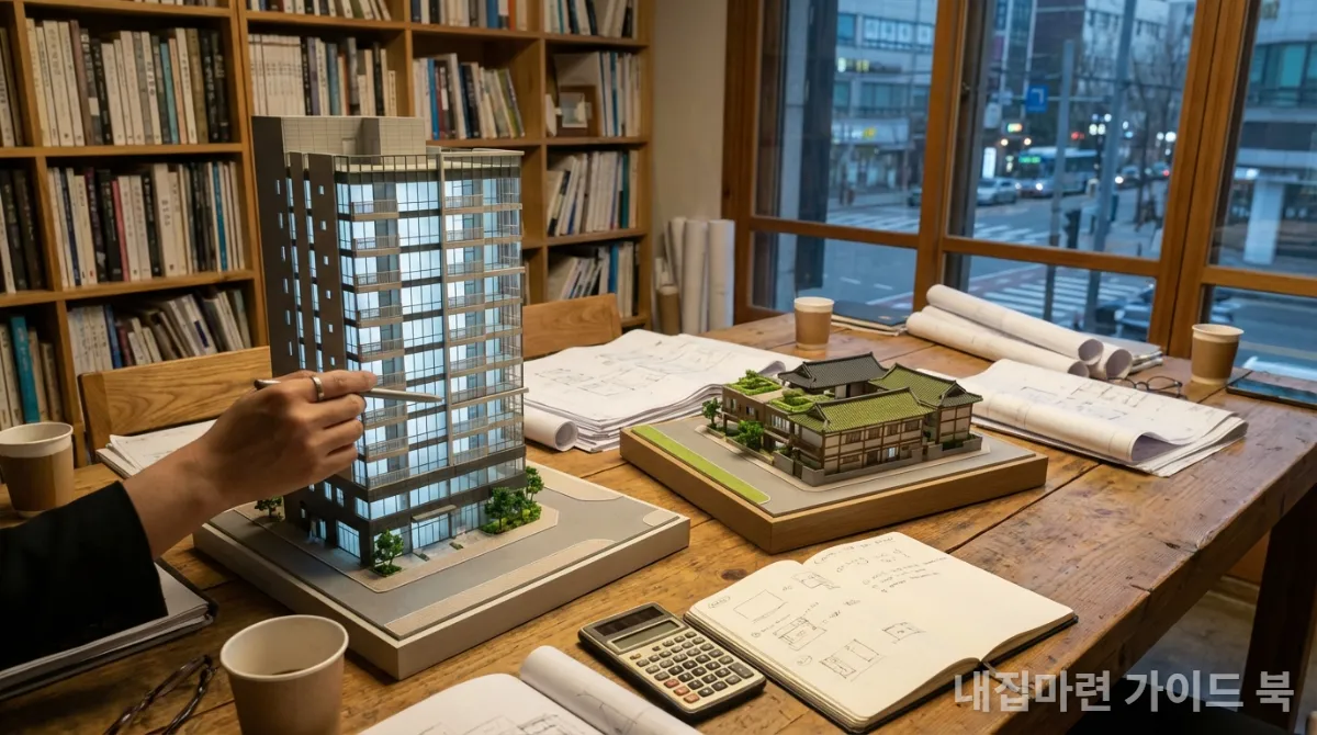 오피스텔과 생활형 숙박시설의 모형 또는 설계도를 비교하며 세금 및 규제 문서를 검토하는 모습