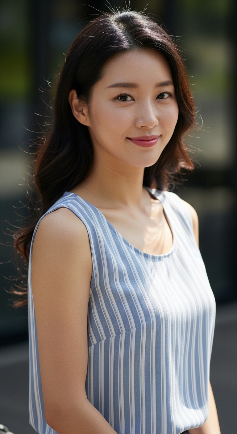 어깨와 부유방 라인을 세련되게 보완해주는 세로 스트라이프 나시탑 이미지