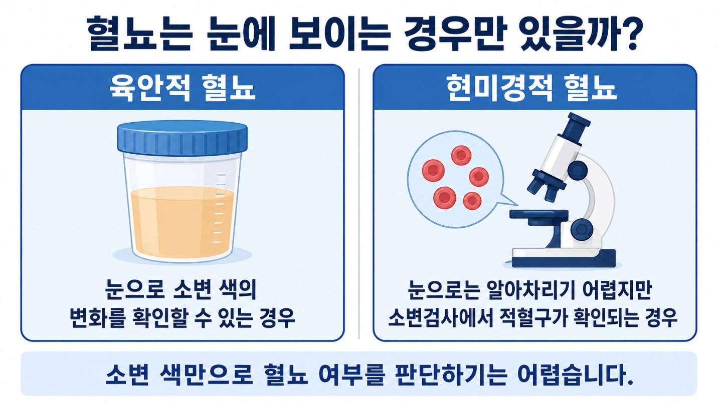 눈으로 확인할 수 있는 육안적 혈뇨와 소변검사에서 확인되는 현미경적 혈뇨의 차이