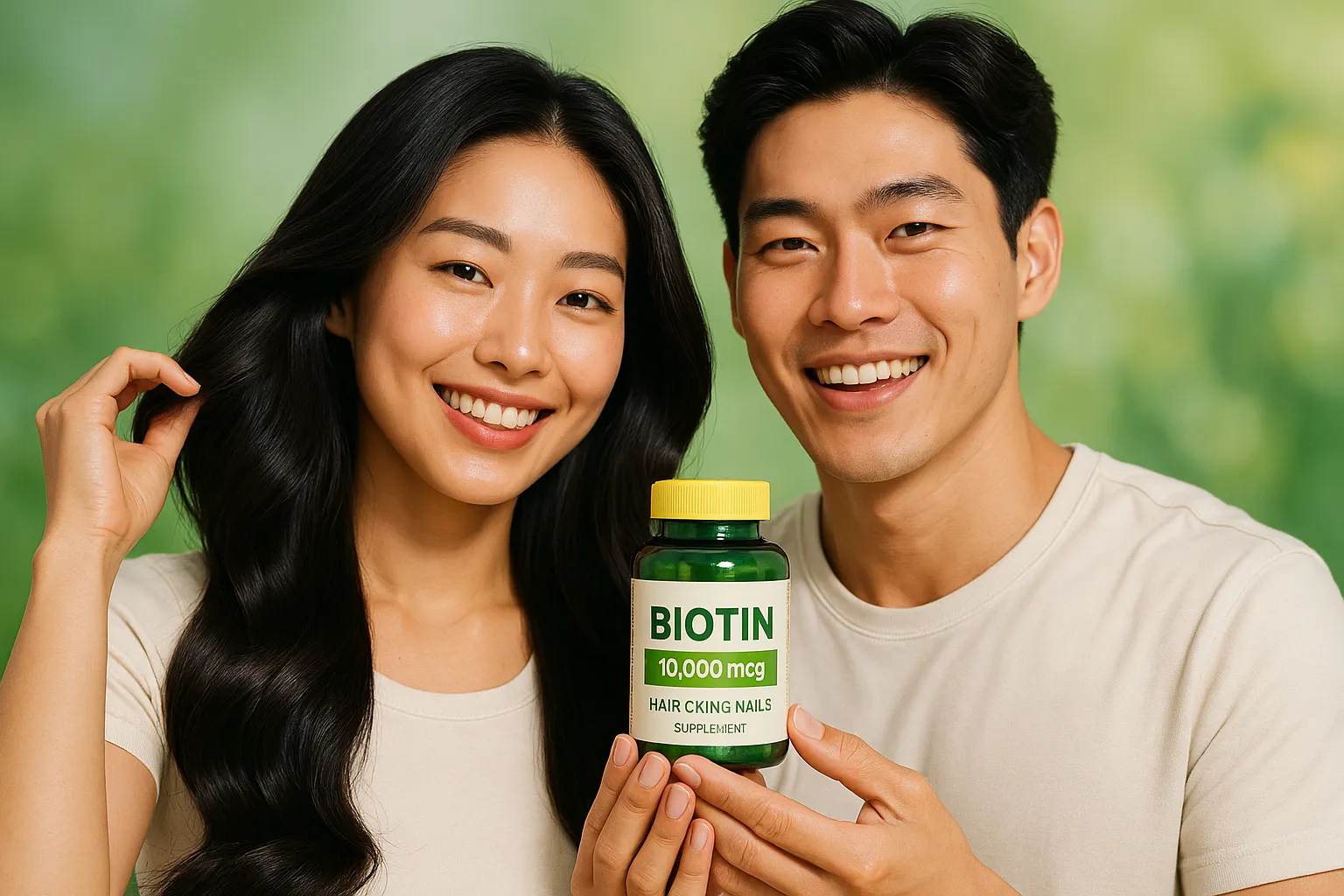 건강하고 윤기 나는 머릿결을 가진 한국인 남녀가 비오틴 영양제 병을 들고 활짝 웃고 있는 모습.