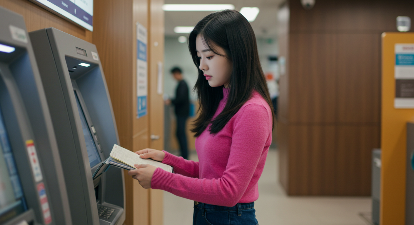 한국 여대생이 통장정리를 하고있다.