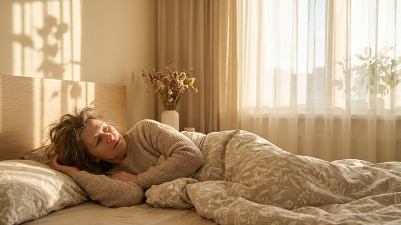 숙면 후에도 만성 피로를 느끼는 50대 여성의 옆모습. 간의 단백질 부족이 원인일 수 있습니다.