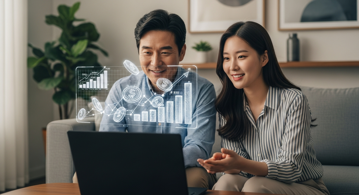 부모님과 자녀가 함께 청약 통장 1000만 원 납입 계획을 세우는 재테크 상담 모습