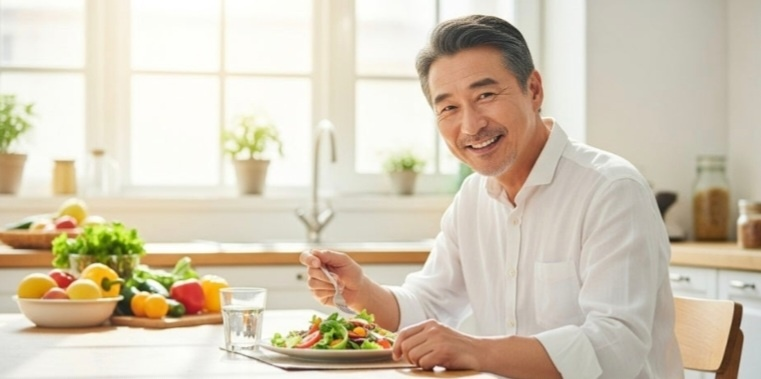 웃음지으며 아침에 야채 과일 로 조식하는 중년 남자 이미지