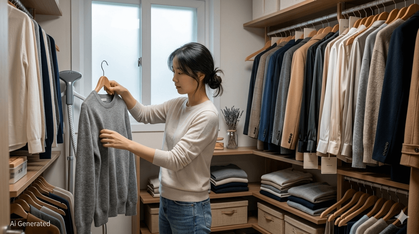 옷장에서 회색 니트의 상태를 점검하고 스팀 다리미와 원목 옷걸이를 활용해 의류를 관리하는 모습