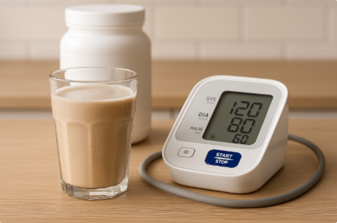 단백질 쉐이크와 혈압계가 함께 놓여 있어 고혈압 환자의 단백질 보충제 섭취를 상징하는 이미지