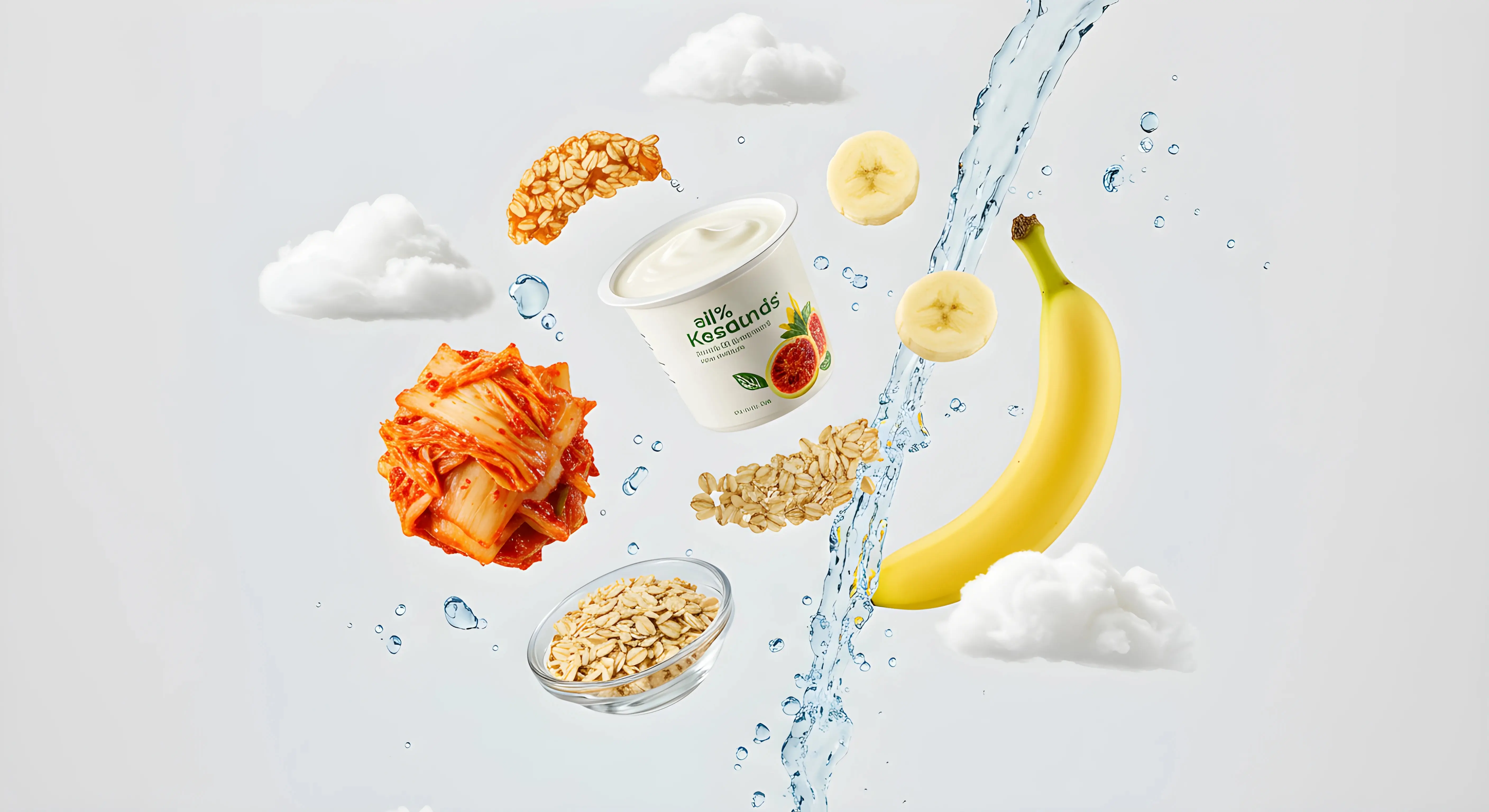 건강한 발효식품(김치, 요거트, 바나나, 오트밀)이 흰 배경에 우아하게 떠 있고, 물방울이 폭포처럼 흐르며 부드러운 햇빛과 구름 요소가 어우러진 미니멀 럭셔리 스타일의 고품질 스튜디오 사진.