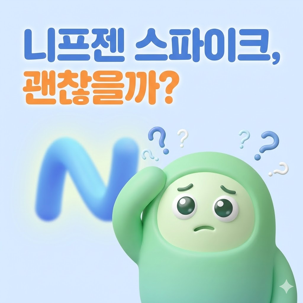 두통과 걱정스러운 표정의 귀여운 3D 카툰 캐릭터가 니프젠 스파이크 부작용에 대해 고민하는 모습.