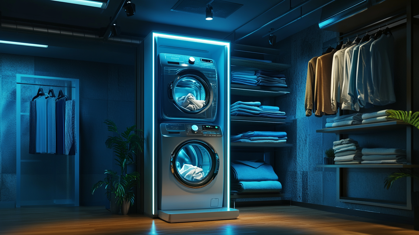 삼성 워시타워의 조용한 운전 소음과 에너지 절약 기능, 에너지 등급 A++ 이상을 나타내고 세탁 후 신선한 옷감을 표현하는 모습