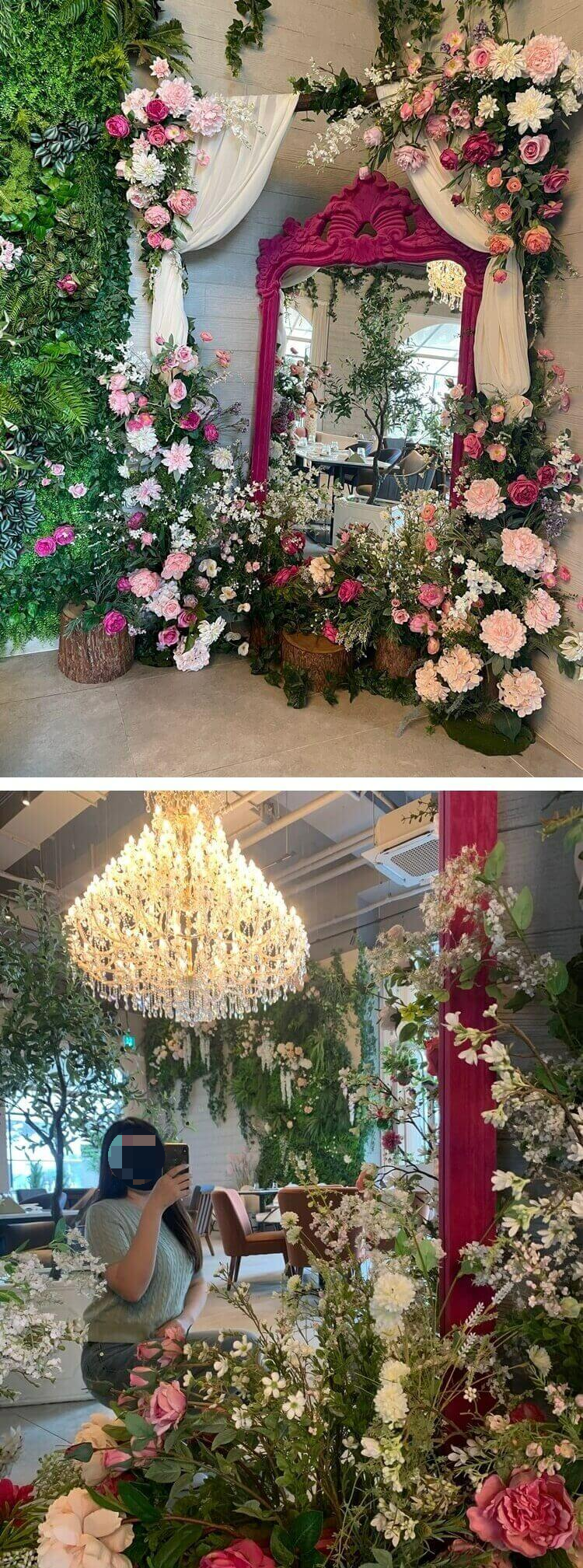 꽃으로 가득찬 전신거울 포토존