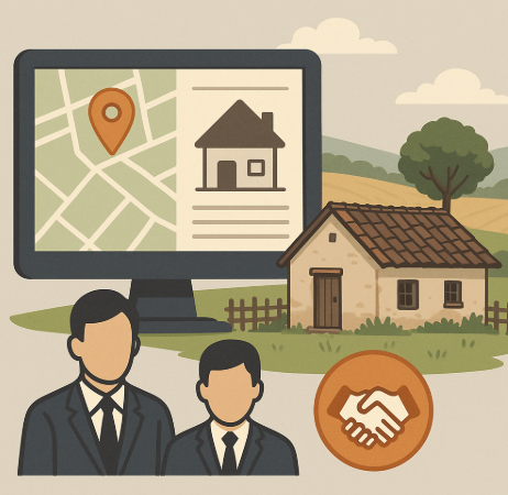 "농촌 빈집 중개 서비스를 표현한 일러스트, 컴퓨터 화면 속 지도와 주택 아이콘, 시골 집과 정장 차림의 중개인, 손잡기 아이콘이 함께 배치된 디자인"