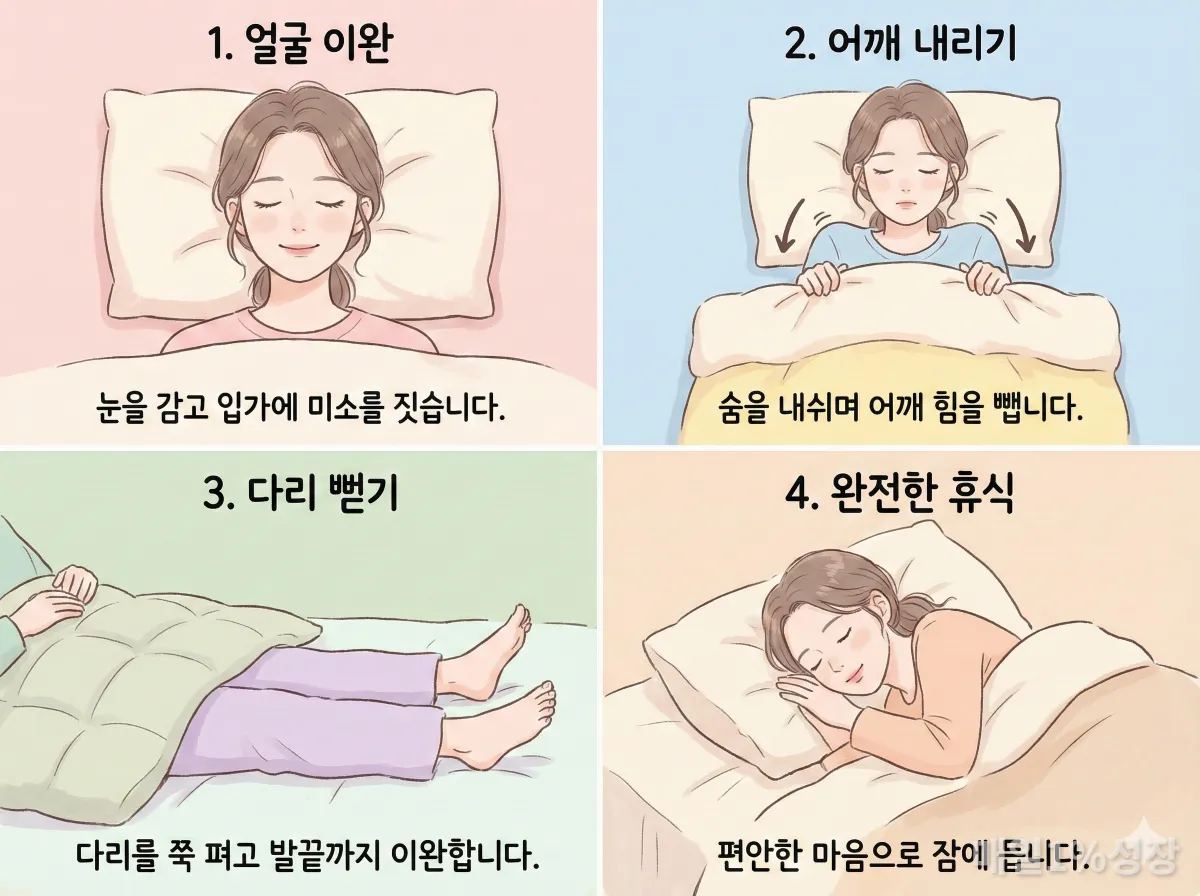 얼굴, 어깨, 다리 순서로 근육을 이완하는 미 해군 수면법 단계별 일러스트