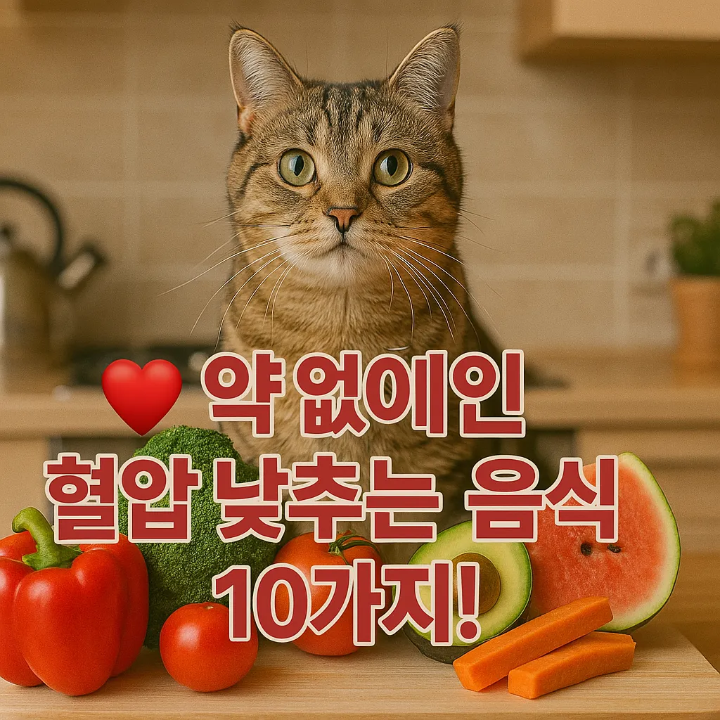 주방에서 브로콜리, 아보카도, 수박, 파프리카 등 건강한 채소와 과일 앞에 앉아 있는 고양이 혈압 낮추는 음식