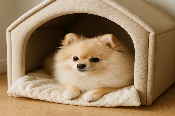 아이보리색 담요가 깔린 아늑한 개인 하우스 안에서 포메라니안이 조용히 누워 쉬는 모습.