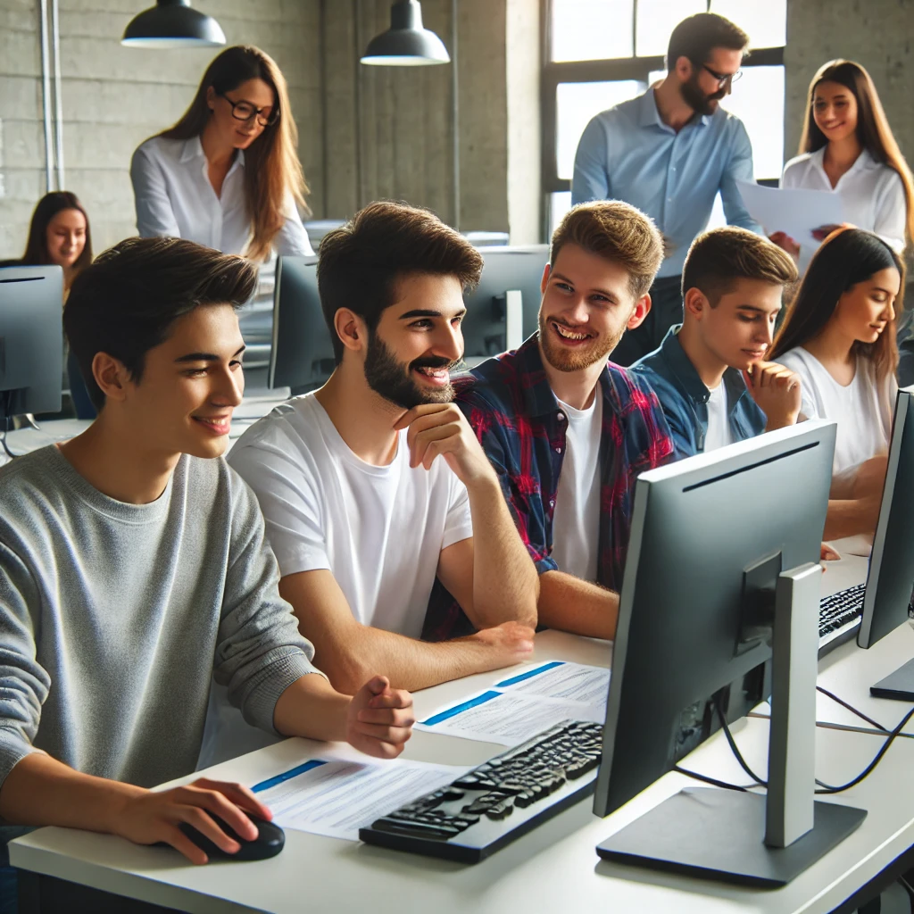 컴퓨터 실습실에서 정보처리기사 기출문제를 연습하며 컴퓨터를 사용하는 학생들. 학생들이 함께 답을 논의하며 학습에 집중하는 모습