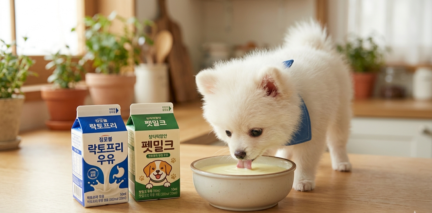 펫밀크와 락토프리 우유를 마시고 있는 포메라니안