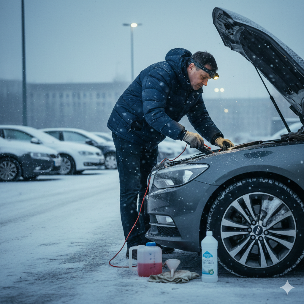 눈 덮인 겨울철 야외 주차장에서 자동차 본네트를 열고 배터리와 냉각수를 점검하는 운전자의 모습