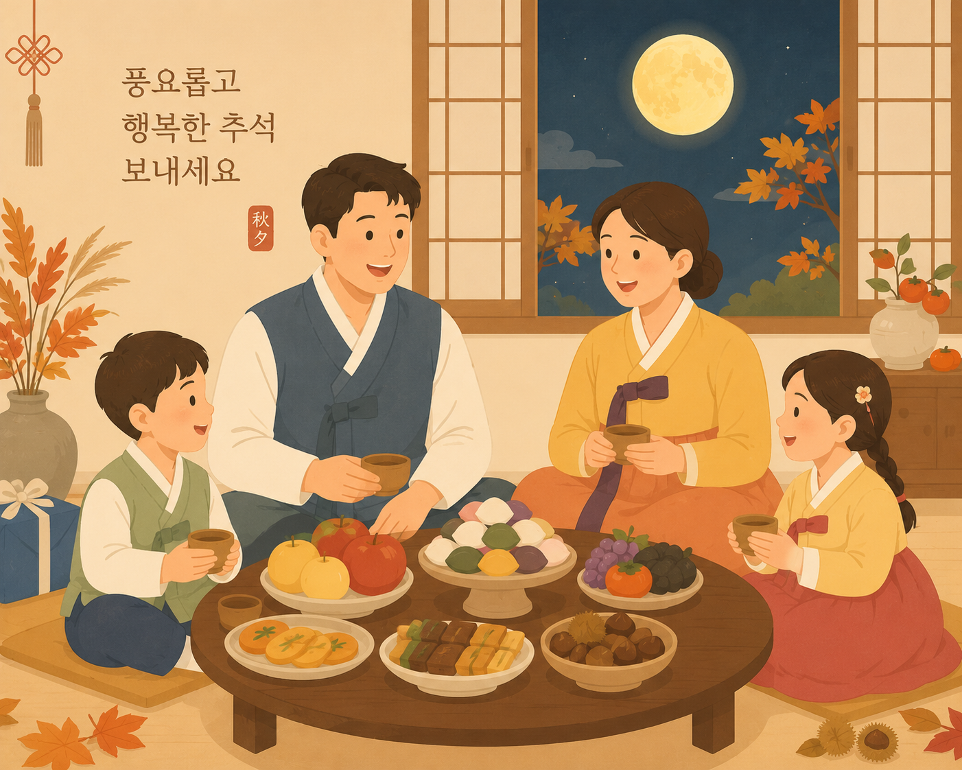 추석 연휴 가족 모임과 명절 음식을 준비하는 장면