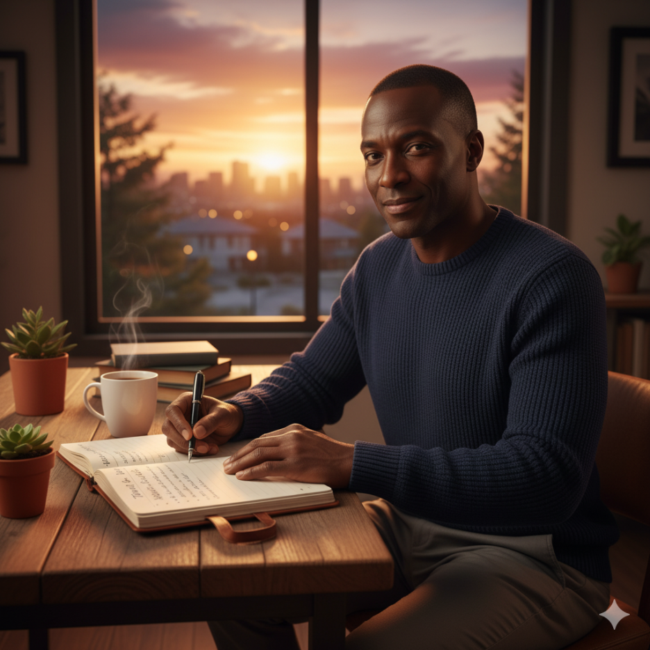 노을 빛이 드는 공간에서 감사일기를 쓰며 긍정적인 마음을 채우는 사람의 모습(이미지 생성:google)