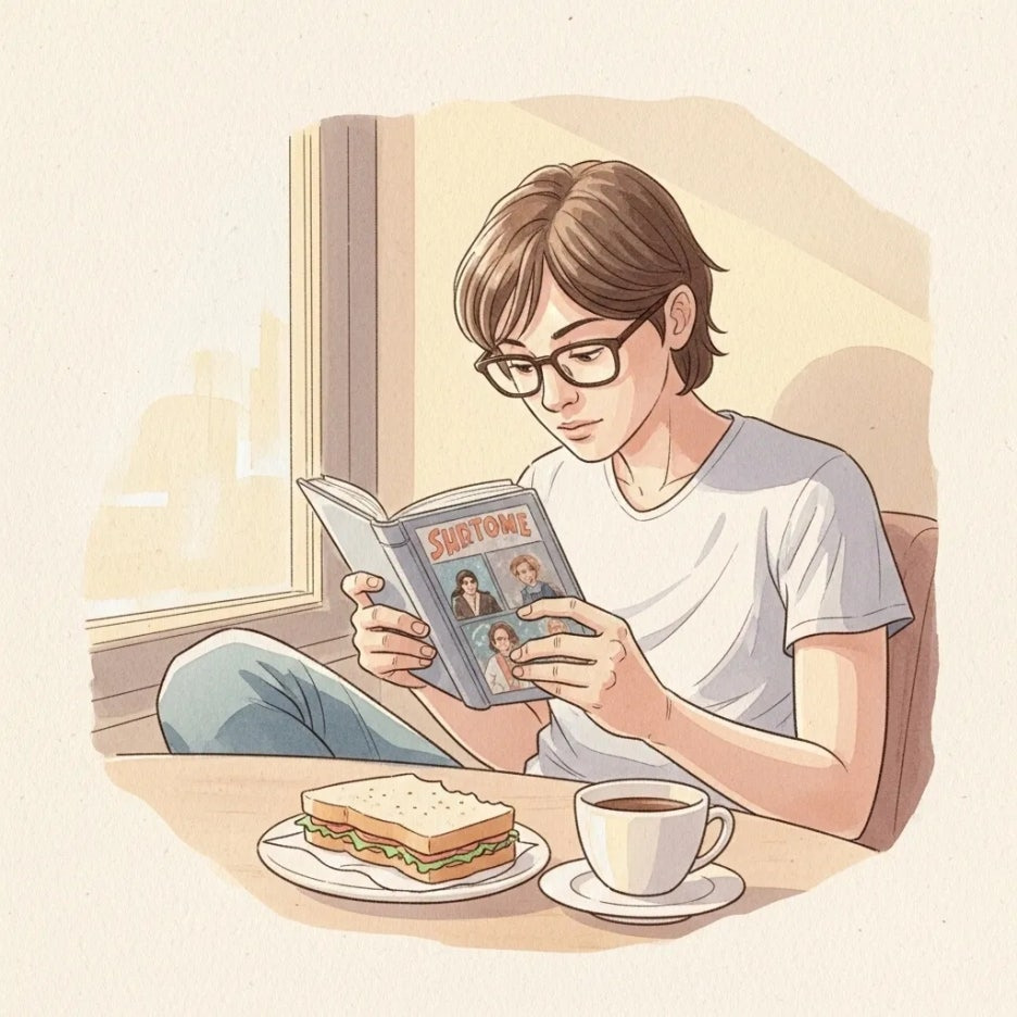 카페에서 책에 몰두하는 너드남의 모습