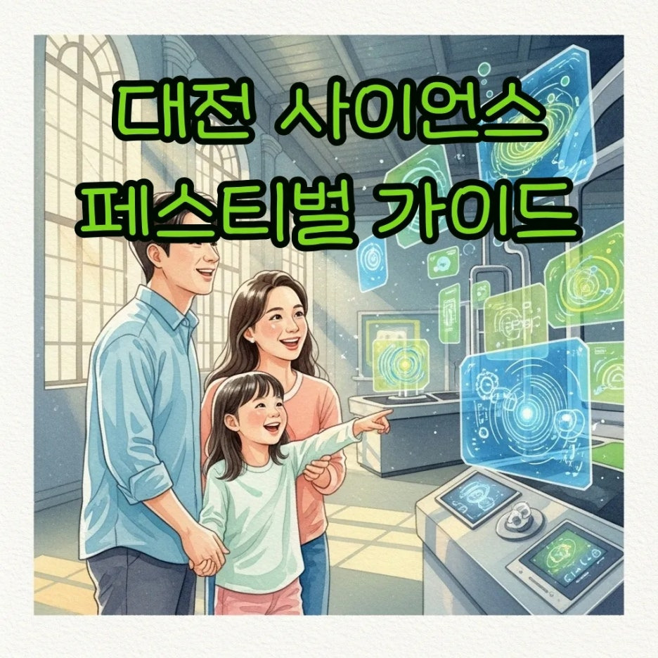 가족이 함께 과학 전시를 관람하는 따뜻한 수채화 풍경