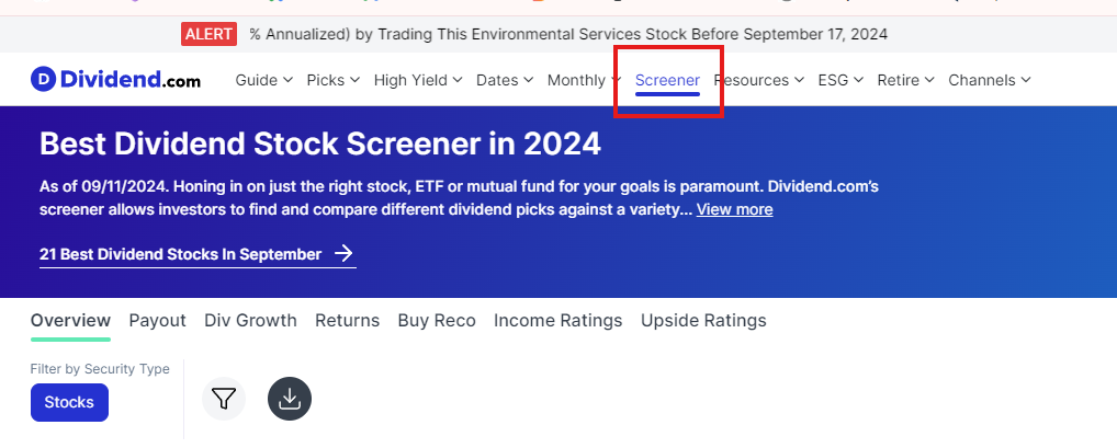 dividend.com screener 기능