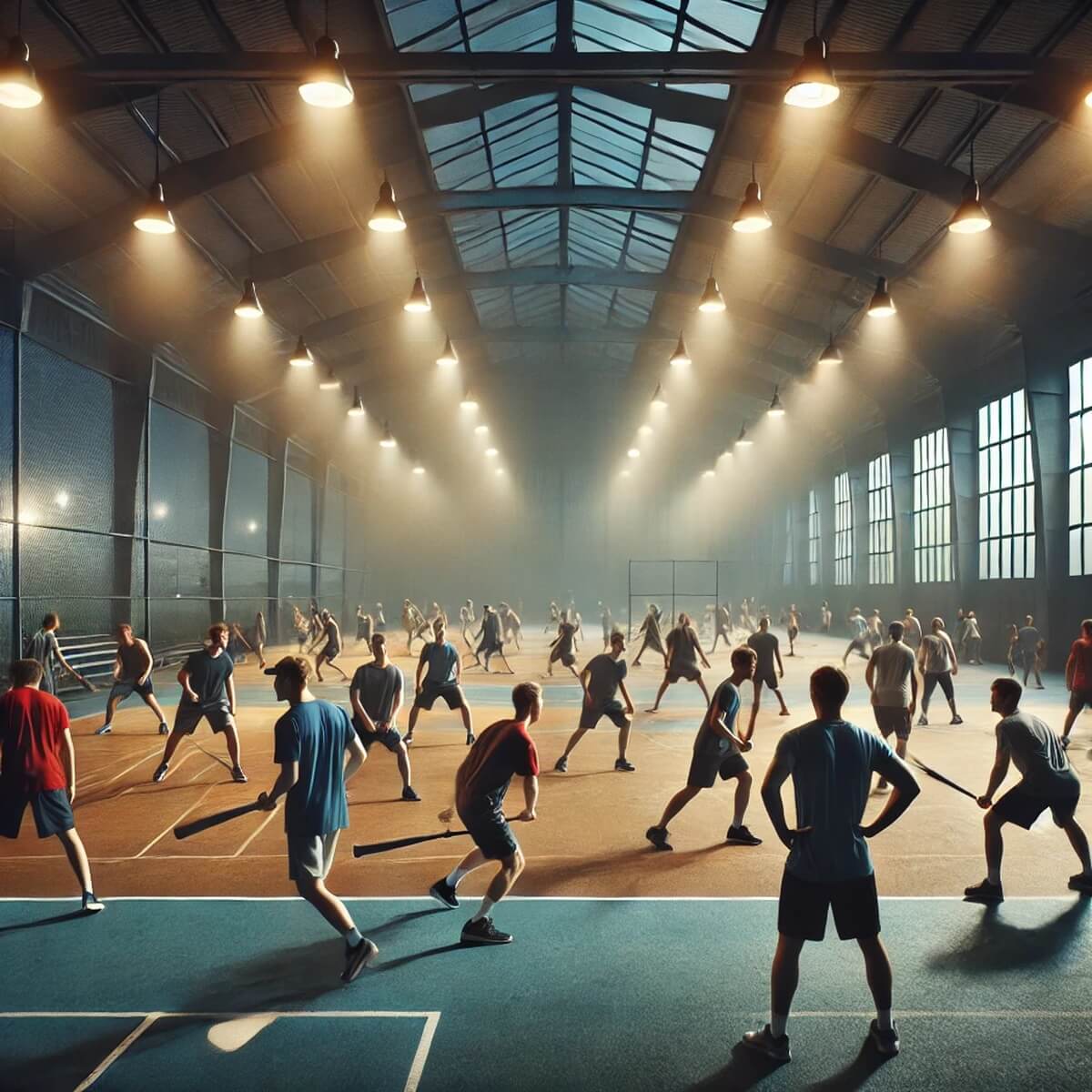 한밤의 실내 야구연습장, 다양한 연령층 훈련 모습