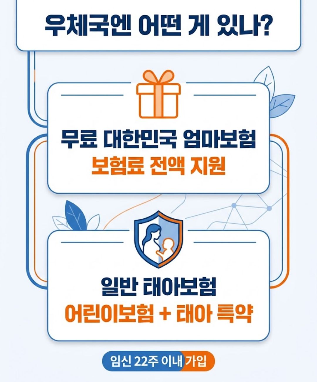 우체국 태아보험 무료 엄마보험 일반 태아보험 종류 구분 22주 인포그래픽