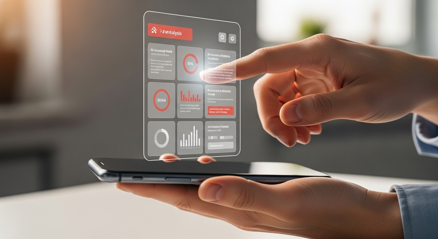 개인화된 데이터를 보여주는 스마트폰 홀로그램 인터페이스와 상호작용하는 손. 온디바이스 AI의 개인 맞춤형 기능이 강조된 모습.