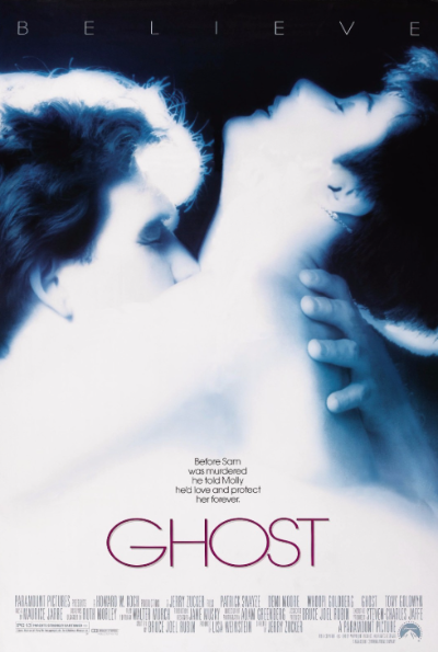 영화 사랑과 영혼(Ghost, 1990) 포스터, 패트릭 스웨이지와 데미 무어의 로맨틱 판타지 키스 장면