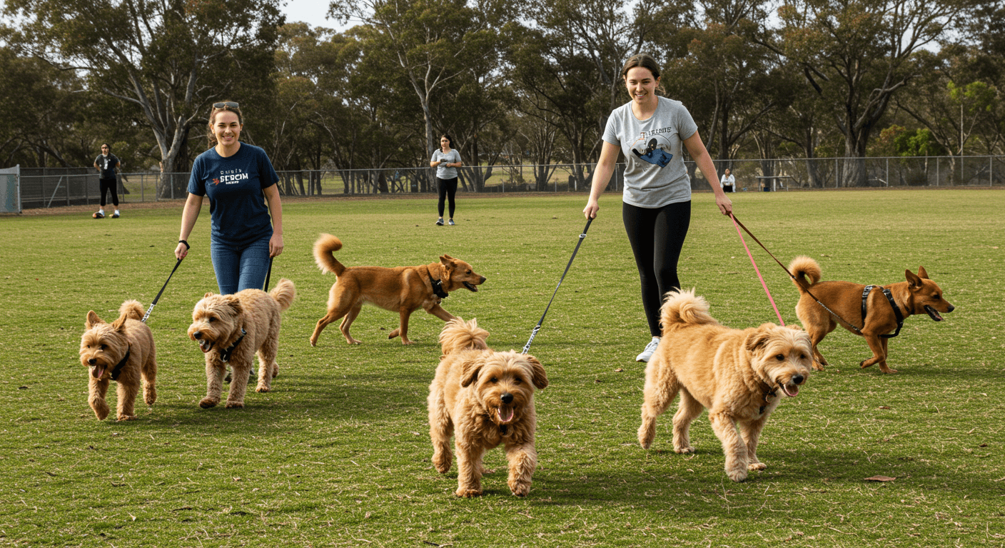 반려견들이 주인과 함께 운동을 하고 있다