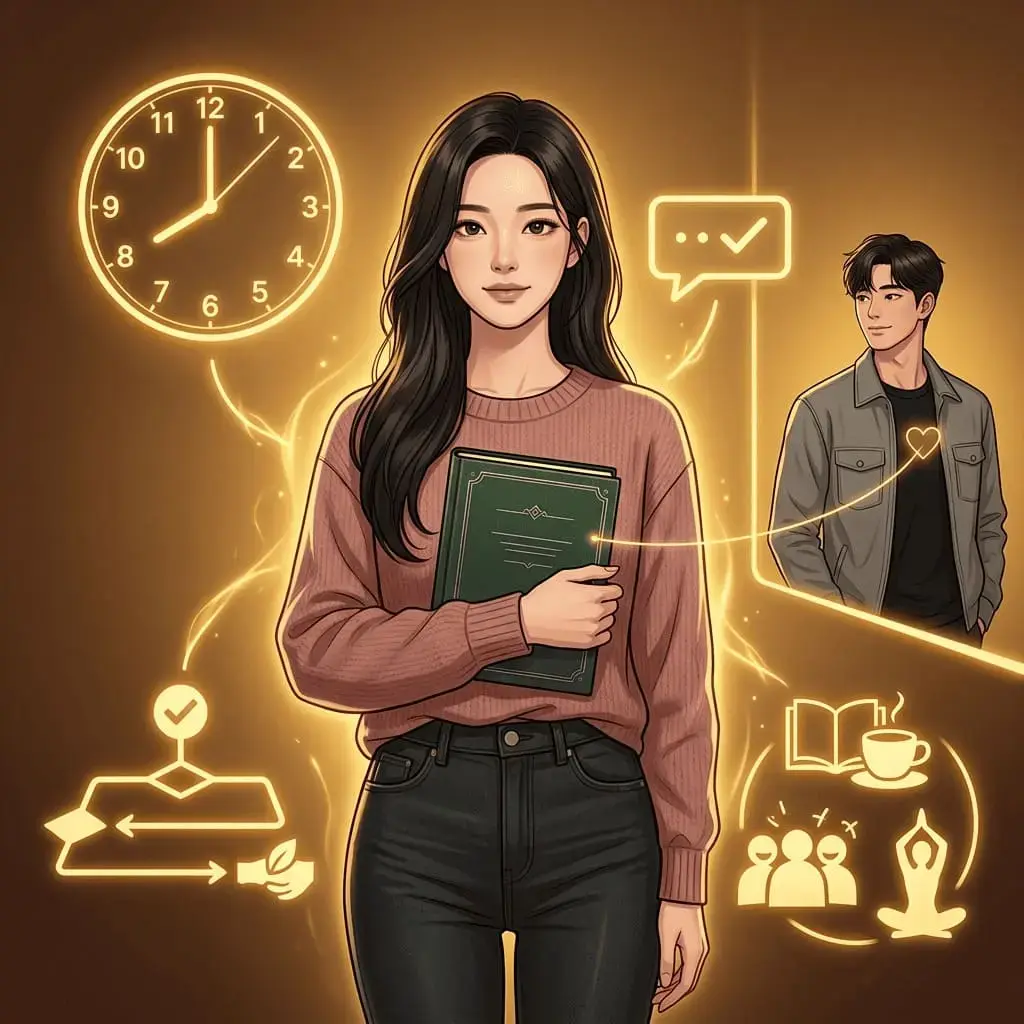 남자 혼자만의 시간을 기다리는 동안 여자가 자기 돌봄과 관계 기준을 세우는 회복형 연애 대처 장면