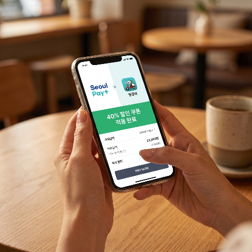 서울페이+와 땡겨요 앱 인터페이스가 띄워진 스마트폰을 손에 쥐고 있는 클로즈업 샷. 화면에는 중복 할인 쿠폰이 적용되어 최종 결제 금액이 대폭 낮아진 화면이 선명하게 보이며, 공공배달앱의 실용적인 혜택을 직관적으로 표현한 고해상도 사진