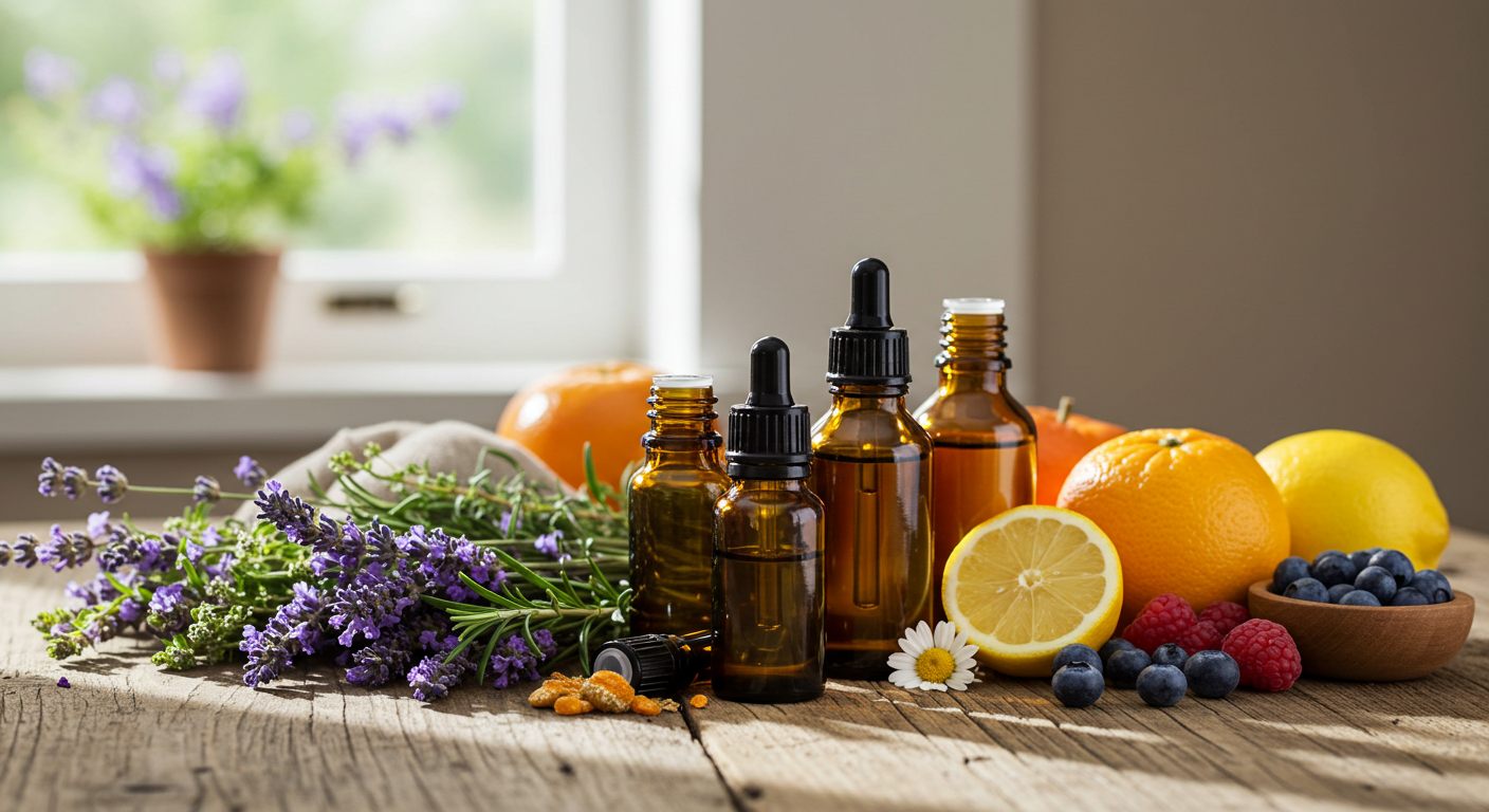 아로마테라피 오일병들과 허브, 과일들이 테이블 위에 올려있다.